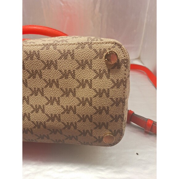 Michael Kors Khaki Monogrammed Coated Canvas/Red Leather Dome Satchel Crossbody - Picture 10 of 12